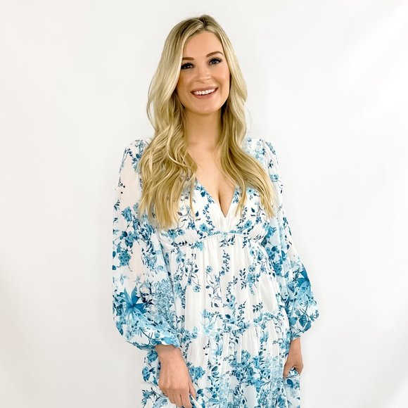 Coco Hi-Lo Midi Dress-White/Blue - Picture 2 of 4